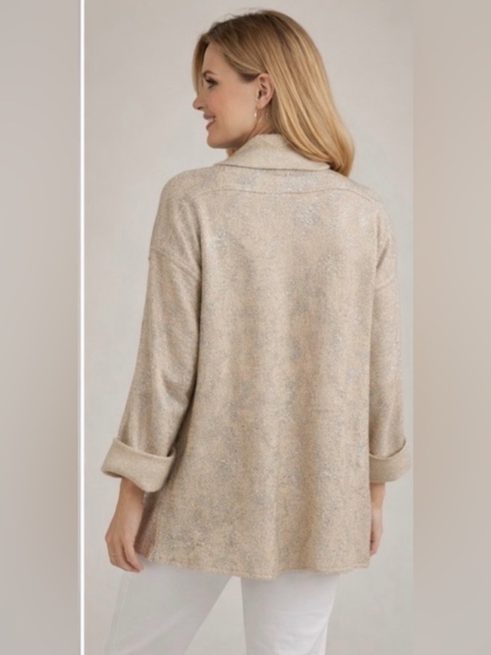 Chico’s 100% Wool Cardigan Jacket Beige Metallic Shimmer Open Front Size 1 - Picture 4 of 10